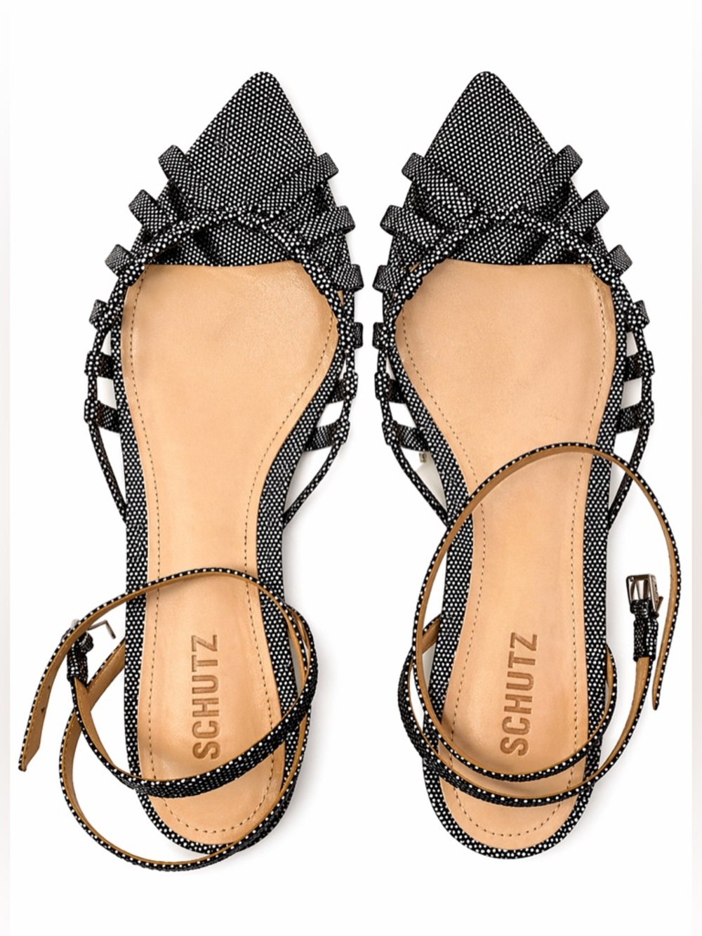 SCHUTZ Black & White Metallic Pointed-Toe Ankle-Strap Flats
